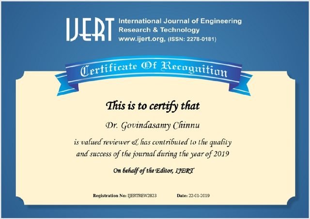 IJERT — Certificate of Recognition, Reviewer