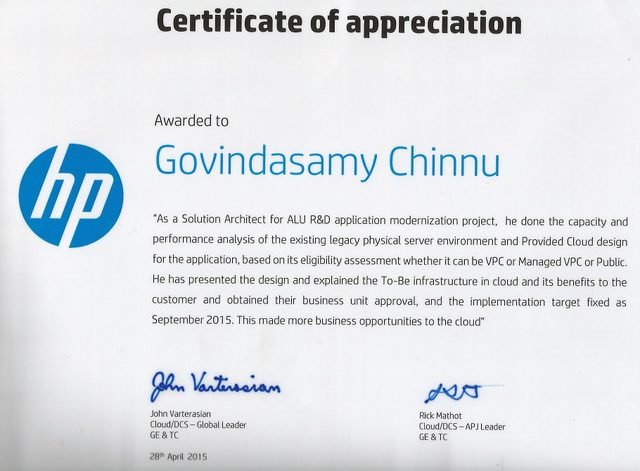 HP Certificate of Appreciation — Cloud/DCS